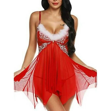 FASHIONWT Women Sexy Red Lingerie Handkerchief Plush Fur Nightdress