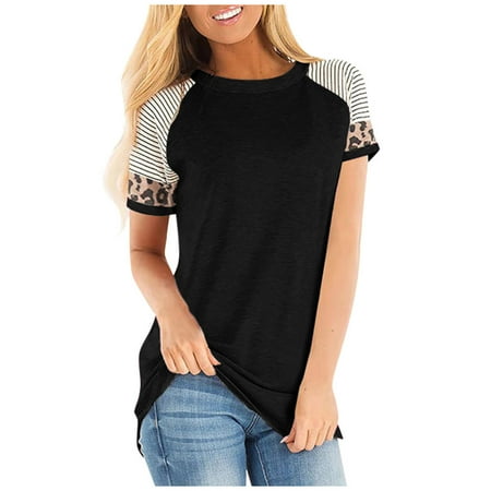 Shirts for Women Shirts for Women Women Stripe Casual O-Neck T-Shirt Loose Short Splicing Sleeve Tops Blouse Crop Top Long Sleeve Workout Tops for Women Clearance White Tank Tops Women Black 2XL