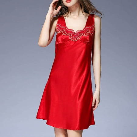 Women s Nightdress Satin Silk Sleeveless Nightgowns with Lace and Embroidery Sleeveless Home Wearing Satin Silk Nightgowns with Lace and Embroidery Decor Women s Nightdress L 大红