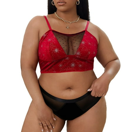 YIWEI Plus Size Women Bra Lingerie See Through Brassiere Lace Bralette Bras Red 2XL