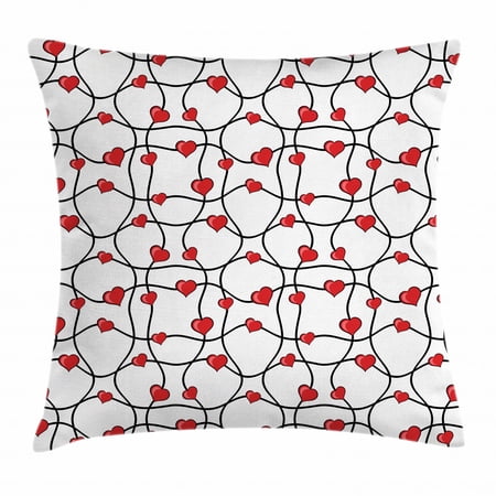 Valentines Throw Pillow Cushion Cover, Geometric Themed Illustration with Lines and Hearts Romantic Valentines Day, Decorative Square Accent Pillow Case, 20 X 20 Inches, Red Black White, by Ambesonne