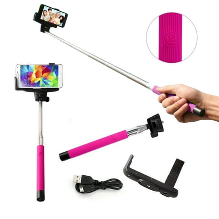 Selfie Stick Pro Mono pad with Built-in Bluetooth remote on Handle for GoPro IOS Apple Android - Pink