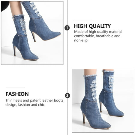 Women Boots 1Pair Elastic Thin Heels Boots Denim High-heeled Boots Autumn Winter Shoes