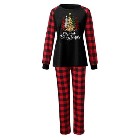 Christmas Women Letter Plaid Print Top And Pants Clothes Set Family Matching Pajamas