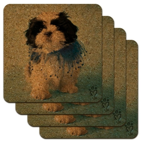 Shih Tzu Puppy Dog Jester Blue Low Profile Novelty Cork Coaster Set