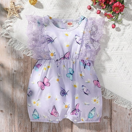 Girls Lace Fly Sleeve Prints Romper Jumpsuit