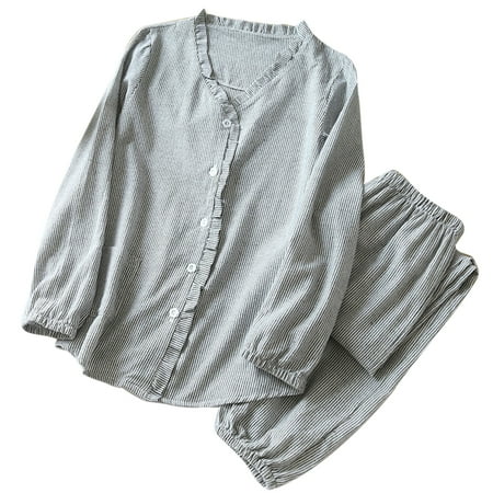 YUUZONE Women Autumn 2 Pieces Striped Print Pajamas Set Long Sleeve Ruffled V-Neck Button Down Tops and Elastic Waist Pants Sleepwear Loungewear
YUUZONE Women Autumn 2 Pieces Striped Print Pajamas Set Long Sleeve Ruffled V-Neck Button Down Tops and Elastic Waist Pants Sleepwear Loungewear