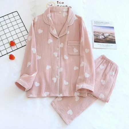 Spring New Ladies Pajamas Set Heart Printed Crepe Cotton Double-layer Gauze Turn-down Collar Long-sleeve Trousers Household Wear
Spring New Ladies Pajamas Set Heart Printed Crepe Cotton Double-layer Gauze Turn-down Collar Long-sleeve Trousers Household Wear