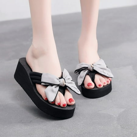 Women Girls Bow Wedge Heel Non-slip Thick Heel Casual Slippers