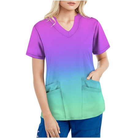 

Mchoice Women s Tie-Dye Gradient Rainbow Floral Print Scrub Tops Short Sleeve V-neck Working Uniform With Four Pockets on Clearance