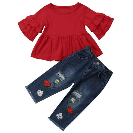 Little Girls Half Sleeve Ruffle Top and Rose Embroidery Holes Denim Jeans Outfit 3-4T
Little Girls Half Sleeve Ruffle Top and Rose Embroidery Holes Denim Jeans Outfit 3-4T