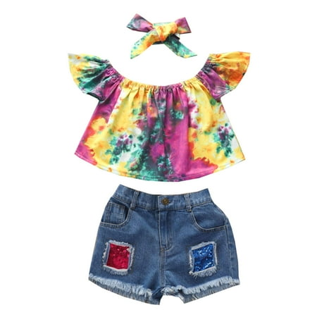 Baby Girl 3-Piece Outfit Set Tie-dye Tops+Denim Shorts+Headband Summer Clothes 
Baby Girl 3-Piece Outfit Set Tie-dye Tops+Denim Shorts+Headband Summer Clothes