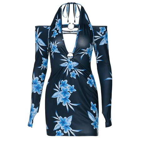 Amuver Women Close-fitting Halter Neck Dress Solid Color/ Floral Printed Pattern Long Sleeve One-piece Black/ Navy
Amuver Women Close-fitting Halter Neck Dress Solid Color/ Floral Printed Pattern Long Sleeve One-piece Black/ Navy