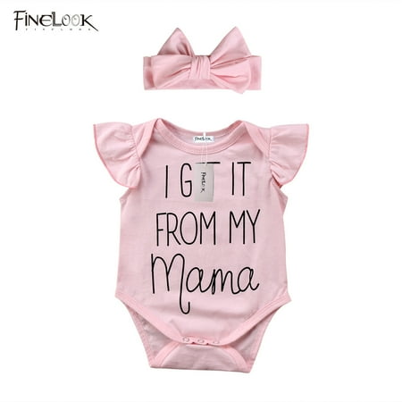 Huyghdfb Newborn Baby Girl Flying Sleeve Letters Romper Jumpsuit + Bow Headband