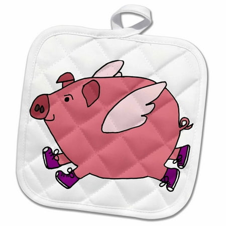 3dRose Funny Flying Pig in Purple Sneakers - Pot Holder 8 by 8-inch