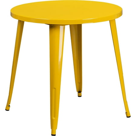 30 round yellow metal commercial table for indoor-outdoor use.