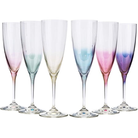 Crystalex 40796/220/D4882, 7 Oz Kate Optic Multi-Colored Flutes, Bohemian Champagne Glasses, Set of 6