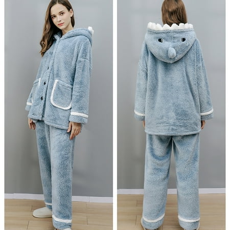 XIAOFFENN Couples Women Button Warm Winter Flannel Pajamas Set Long Sleeve Long Pant