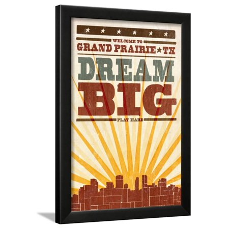 Grand Prairie, Texas - Skyline and Sunburst Screenprint Style Framed Print Wall Art By Lantern Press