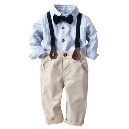 Yubatuo Toddler Baby Boys Striped Gentleman Bowtie Long Sleeve Shirt+Overall Pants SetsBlue100