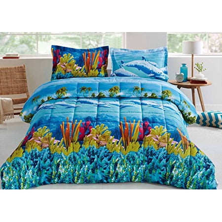 3D Modern Style 3 Piece Set Underwater Soft Clearance bedding Comforter Set Fade Resistant, Wrinkle Free, No Ironing Necessary, Super Soft, All Size Blue (Y01) (Queen)