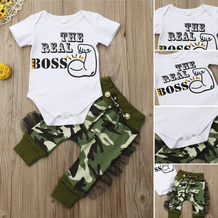 2pcs Newborn Baby Boys Bodysuit Romper Camo Pants Harem Outfits Set Clothes