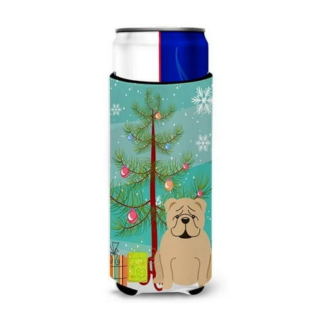 Merry Christmas Tree English Bulldog Fawn Michelob Ultra Hugger for Slim Cans