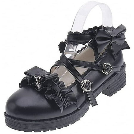 Women Lolita Shoes Heel Mary Jane Lace Pumps with Bow Kawaii Cute Cosplay Wedge Boots Cross Strap Block Heel Sweet Style