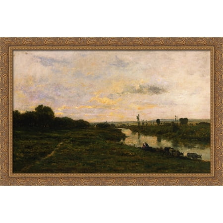 Cows on the Banks of the Seine, at Conflans 40x26 Large Gold Ornate Wood Framed Canvas Art by Charles-Francois Daubigny