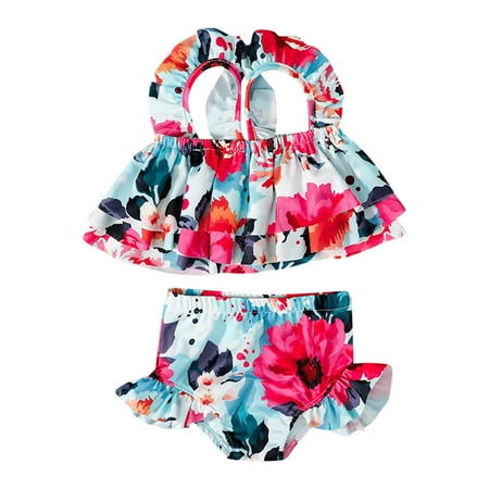 Girls Swimsuit Toddler Summer Girls Bowknot Fashion Flower Printed Ruffles Two Piece Swimwear Swimsuit Bikini Swimming Suits for Kids