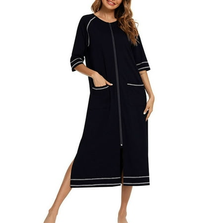 Women s Zipper Nightdress Casual Loose Nursing Clothes Oversize Pajamas(Black L)