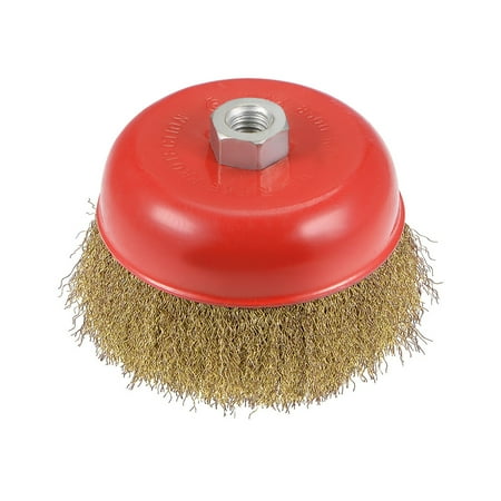 Uxcell 5 Inch Wire Cup Brush Brass Plated Crimped Steel with M14 Threaded Hole