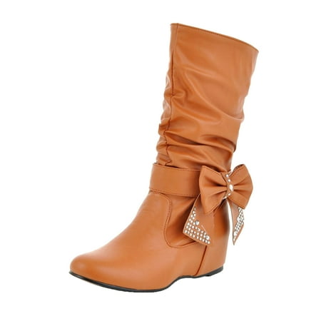 KBKYBUYZ Women Rhinestones Bow Tie Low Heeled Boots Round Toe Shoes Womens Boots