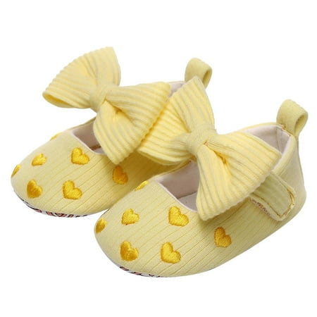 Yellow Baby Sneakers Infant Girls Single Shoes Heart Embroider Bowknot First Walkers Shoes Toddler Sandals Princess Shoes