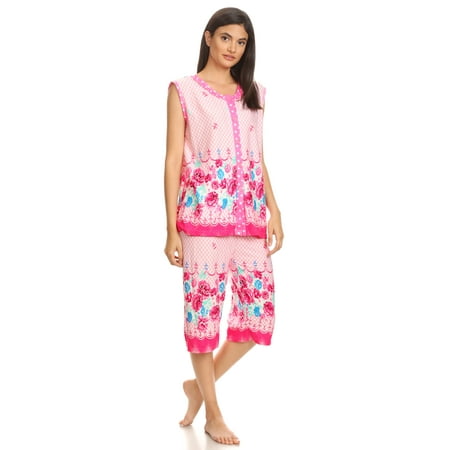 5026C Womens Capri Set Sleepwear Cotton Pajamas - Woman Sleeveless Sleep Nightshirt Pink # 58 XXL