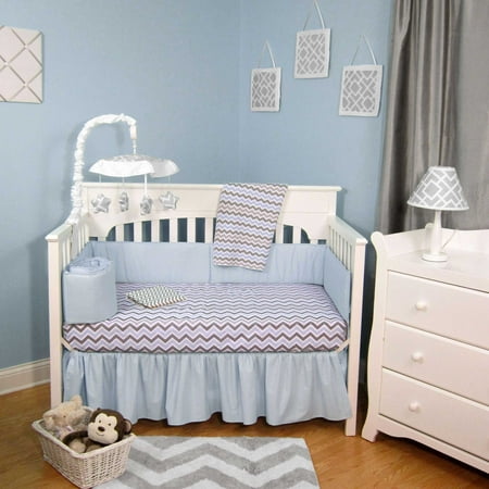 Chevron Blue & Gray 5 Piece Baby Crib Bedding Set with Bumper