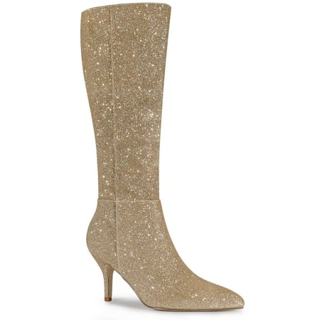 Allegra K Women s Pointed Toe Sparkle Glitter Stiletto Heel Knee High Boots