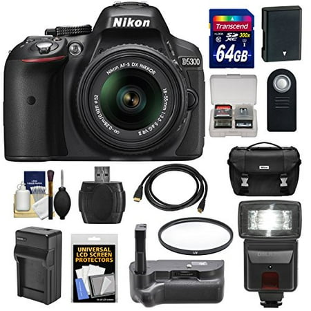 Nikon D5300 Digital SLR Camera & 18-55mm G VR DX II AF-S Lens (Black) with 64GB Card + Battery + Charger + Case + Grip +