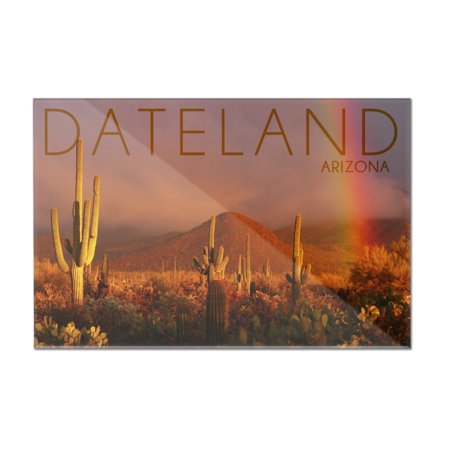 Dateland, Arizona - (linear burn) - Saguaro Desert Cactus & Rainbow - Photograph (18x12 Acrylic Wall Art Gallery Quality)