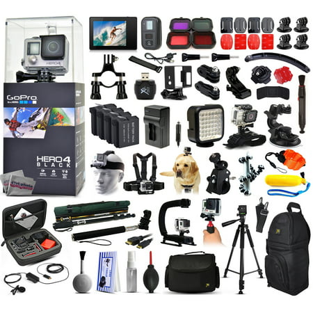 GoPro Hero 4 HERO4 Black Edition CHDHX-401 with LCD Display + Filters + 4 Batteries + Skeleton Housing + Microphone + X-Grip + LED Light + Car Mount + Travel Case + Selfie Stick + WiFi Remote + More