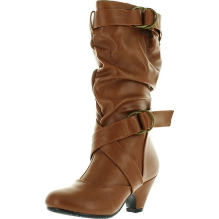 Pauline-39K JR Girls Slouch Buckle High Heel Mid Calf Boots