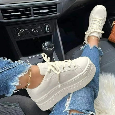 

Women Shoes Fashion Solid Color Leather Round Toe Lace Up Platform Casual Shoes Beige 8.5 white leather shoes platform shoes for women womens platform shoes