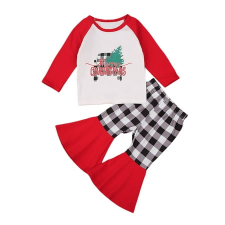 Gupgi Christmas Girls Clothes Letter Pullover Tops Plaid Leopard Pants