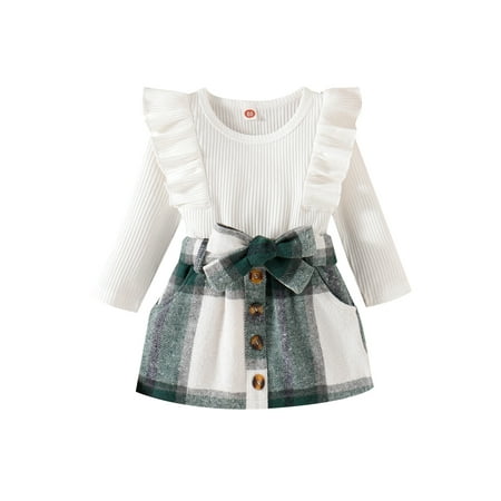 Genuiskids Toddler Girls Fall Outfits Solid Color Long Sleeve Ribbed Ruffle Tops + Plaid Skirt + Belt 9M-4T
Genuiskids Toddler Girls Fall Outfits Solid Color Long Sleeve Ribbed Ruffle Tops + Plaid Skirt + Belt 9M-4T