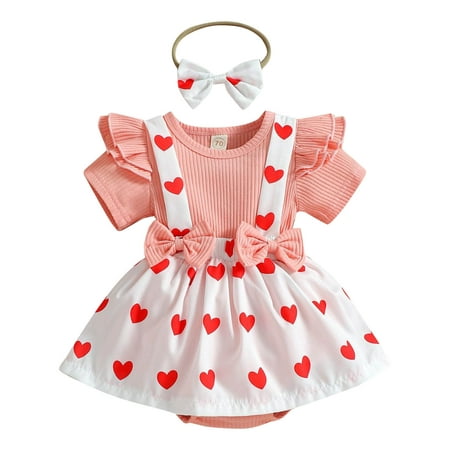 

Olive Leotard Baby Girl Long Sleeve Shirts Girls Valentine s Day Short Sleeve Ribbed Hearts Printed Ruffles Bowknot Romper Bodysuits Headbands Set Clothes Baby Girl