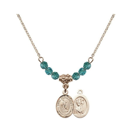 18-Inch Hamilton Gold Plated Necklace with 4mm Blue December Birth Month Stone Beads and Saint Christopher / Rugby Charm