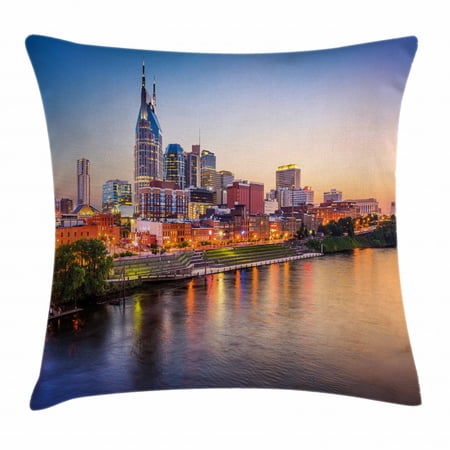United States Throw Pillow Cushion Cover, Cumberland River Nashville Tennessee Evening Architecture Travel Destination, Decorative Square Accent Pillow Case, 20 X 20 Inches, Multicolor, by Ambesonne