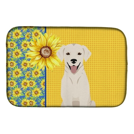 Summer Sunflowers White Cream Labrador Retriever Dish Drying Mat 14 in x 21 in