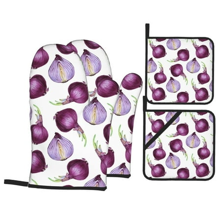Oven Mitts and Pot Holders 4 pcs Set purple Onion print Heat Resistant Pot Holders Oven Mitts for kitchen Non-Slip Hanging Loop Oven Glove Potholders for Baking Cooking 
Oven Mitts and Pot Holders 4 pcs Set purple Onion print Heat Resistant Pot Holders Oven Mitts for kitchen Non-Slip Hanging Loop Oven Glove Potholders for Baking Cooking
