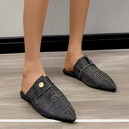 

HAOTAGS Women s Dressy Sandals Closed Toe Flat Slide Sandals Denim Casual Summer Slip On Black Size 4.5